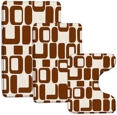 4 Piece Memory Foam Bath Mat Set,Brown Geometric Mid Century Boho