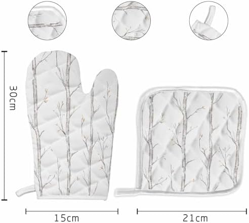 Quilted Cotton Terry Cloth Oven Mitt, Pot Holder Hand Drawn Retro Tree