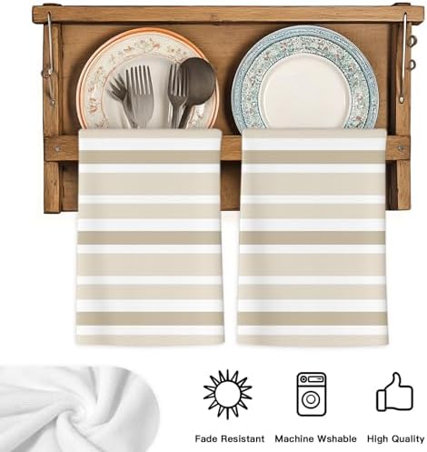 Beige Brown Striped Kitchen Towels Set of 3, Absorbent Microfiber Dish