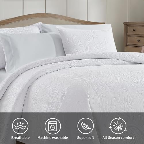 BOURINA Ultrasonic White Queen Quilt Set 3-Piece Soft Bedding Set