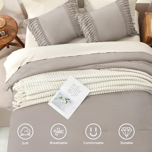 Andency Heather Grey Comforter Set Cal King, 3 Pieces Boho Tassel