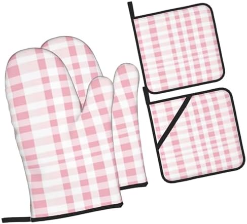 Oven Mitts Pink Gingham Aesthetic Heat Resistant Silicone Oven Mitts