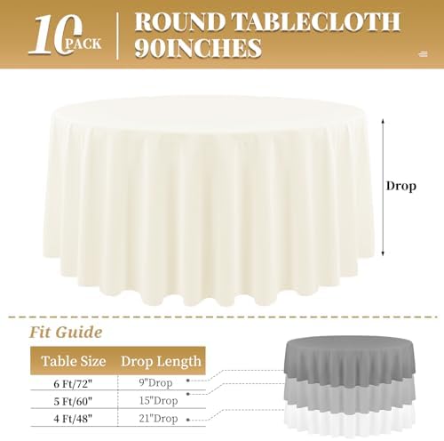 10 Pack Ivory Tablecloth 90 Inch Round Tablecloth Washable Polyester