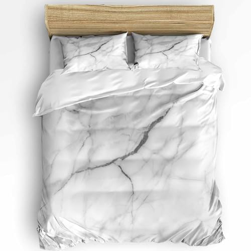Duvet Cover Set Queen, Gray White Marble Texture 3 Piece Bedding Set