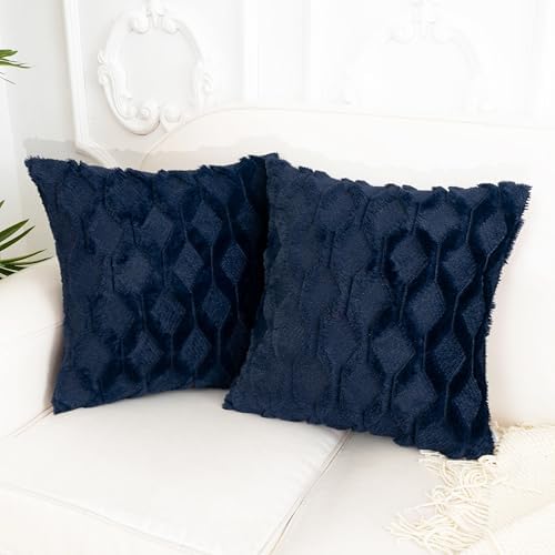 Faux Fur Plush Soft Navy Blue Throw Pillow Covers 18x18 Pack of 2