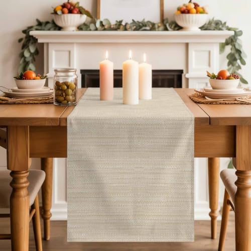 Modern Boho Table Runner 108 Inches, Solid Color Linen Texture Beige