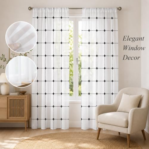 T&H XHome Minimalist Sheer Curtains 108 Inch Long 2 Panels Buffalo