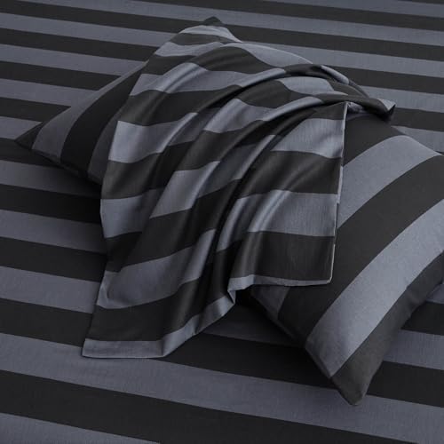 Black Dark Gray Stripe Duvet Cover Set King 100% Cotton Twill Bedding