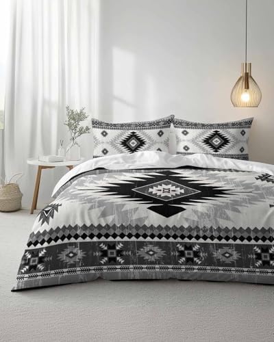 Duvet Cover Set Full, Black Grey Aztec Bohemian 3 Piece Bedding Set