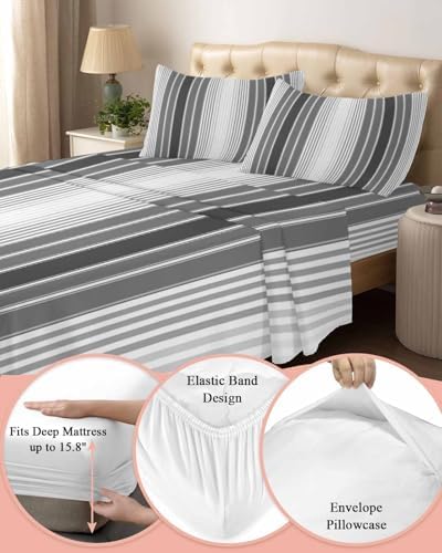 4 Piece King Sheet Set Gray Vertical Stripes Sheets Set for King Size