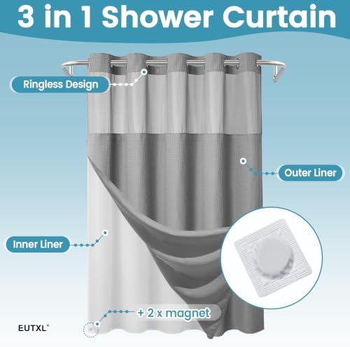 256GSM Heavyweight Ringless Waffle Shower Curtain with Liner, 71x74