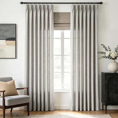 Grey Pinch Pleated Linen Curtains 108 inch Length 2 Panels for Living