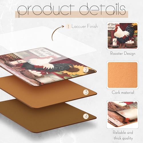 8 Sets Rooster Cork Placemats with Coasters, 12 x 16 Inch