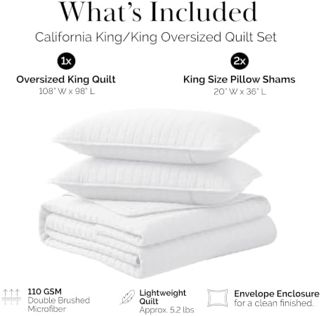 Oversized King Quilt Bedding Set with 2 Quilted Pillow Shams, White