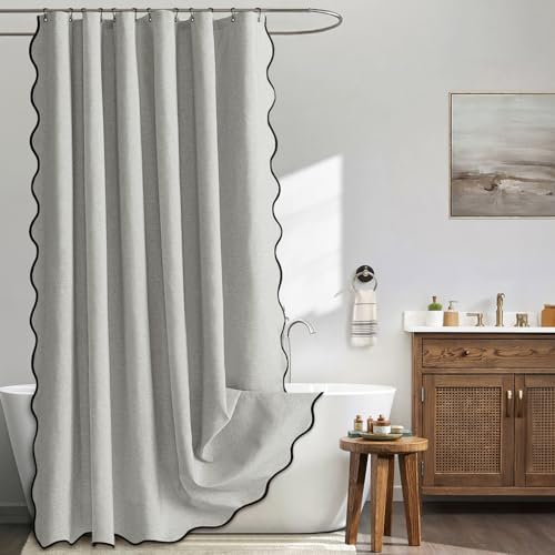 MIULEE Light Grey Scalloped Linen Shower Curtain 72x72 Inches