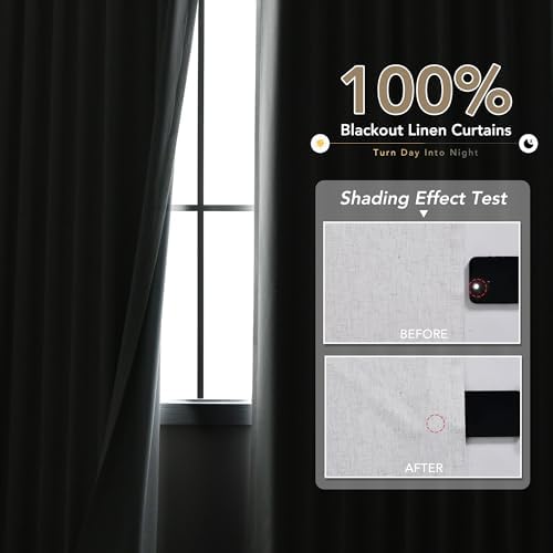 Grommet Grey 100% Blackout Linen Curtains 96 inches Long for Bedroom