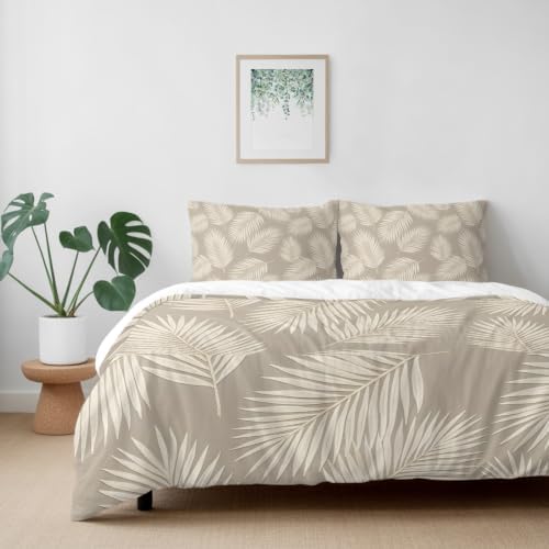 Taupe Palm Leaves Duvet Cover Queen Size, Tropical Plants Leaf Modern