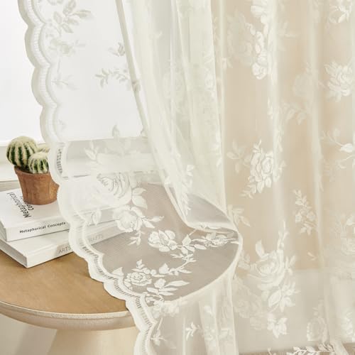 Cream Lace Curtains 120 Inches Long 2 Panels Victorian Floral Sheer