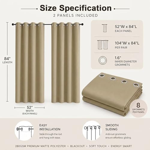 Simplebrand Taupe Blackout Curtains 84 Inch Length 2 Panels Set for