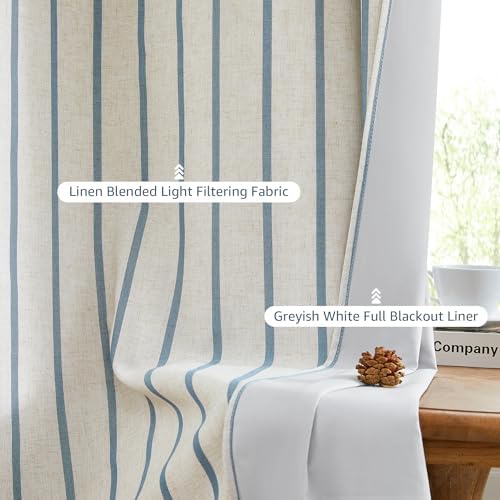 Dusty Blue Striped Full Blackout Bedroom Curtains 90 Inches Long