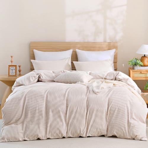 TOCOMOA Brown Striped Duvet Cover Set 100% Washed Cotton Like Linen