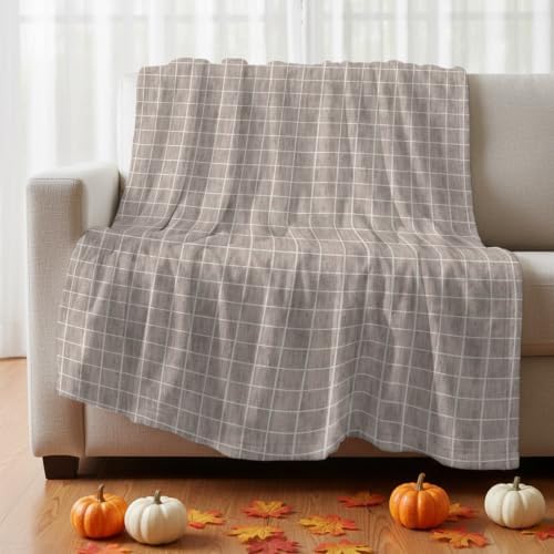 Taupe Plaid Blanket Plush Cozy Fuzzy Throw Blanket for Couch/Travel