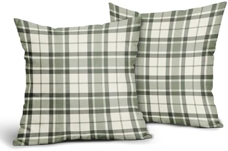 Sage Green Plaid Pillow Covers 18x18 Set of 2 Grey Cream Buffalo Plaid