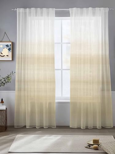 Beige White Stripes Sheer Curtains 108 Inch Length 2 Panels Set