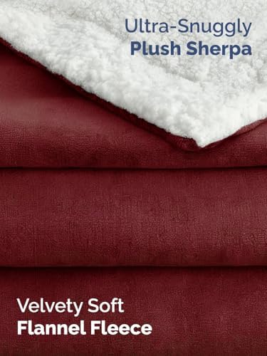 Sherpa Fleece Blanket Throw XL - Reversible Blanket - Burgundy, 50" x