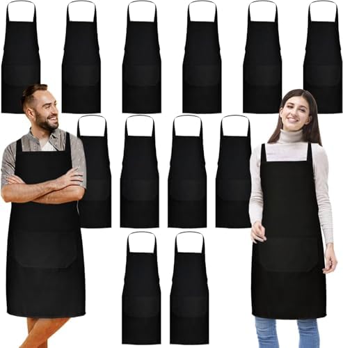 12 Pack Bib Apron,Unisex White Plain Aprons,Aprons Bulk with 2