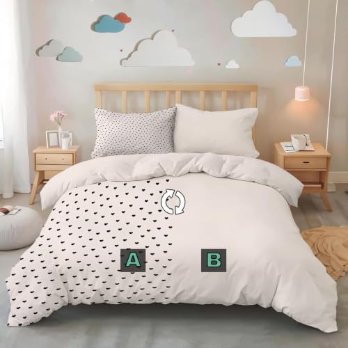 Beige Simple Black Heart Duvet Cover Set for Women Girls 3 Pcs Cute