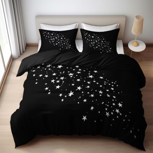 King Duvet Cover Set Soft Microfiber Simple Stars Black