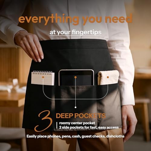 White Classic 12 Pack - Black Server Waist Aprons with 3 Pockets