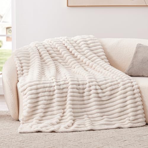 EXQ Home Beige Cozy Fleece King Blanket Stripe for Bed, Sofa & Travel