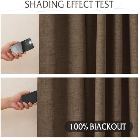 RYB HOME Brown 100% Blackout Linen Curtains 72 Inch Long for Bedroom
