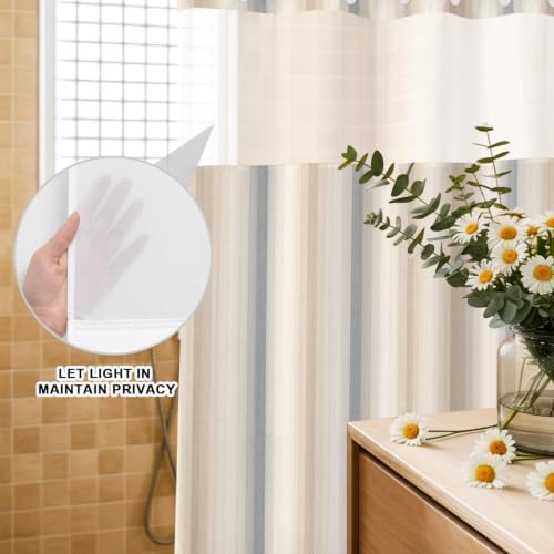 Extra Long No Hook Shower Curtain Bathroom Decor Brown Gray Striped