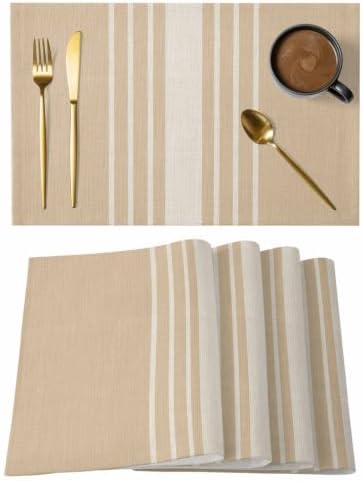 Taupe Stripe Placemats Set of 4, Cotton Linen Fabric Place Mats