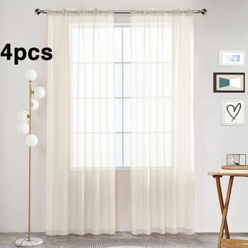 SpaceDresser Ivory Sheer Curtains 4 Panels Rod Pocket Semi-Sheer