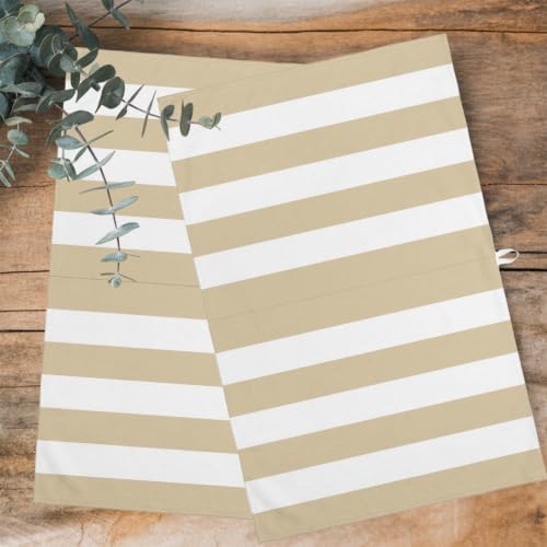 Beige White Striped Kitchen Towels Set of 3, Water Absorbent Dish