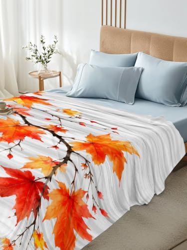 Cal King Size Flat Sheet Only, Autumn Watercolor Maple Leaves Bed Top