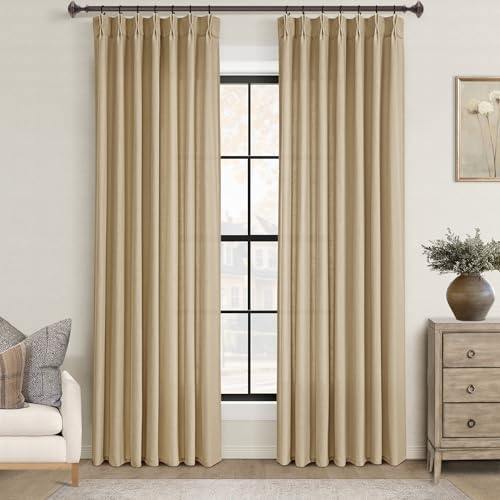 Tan Pinch Pleated Linen Curtains 84 inches Long 2 Panel Set for Living