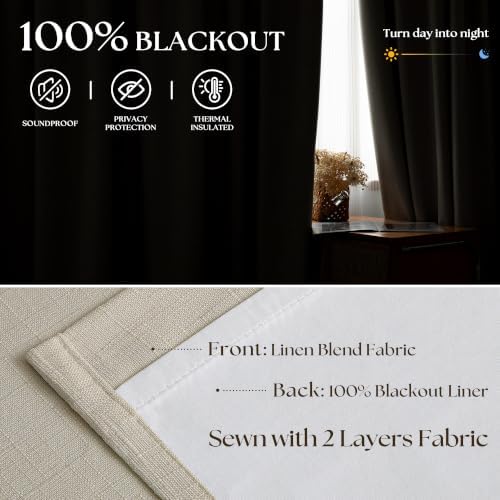 Cream Beige Linen Blackout 120 Inch Curtains for Living Room 2 Panels