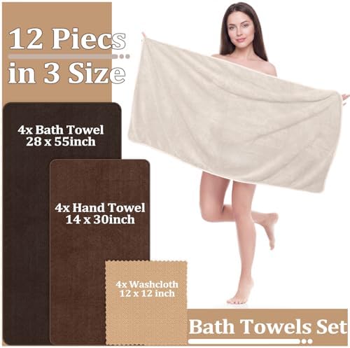 Preboun 12 Pcs Bath Towels Set Washcloths Microfiber,Taupe Gradient