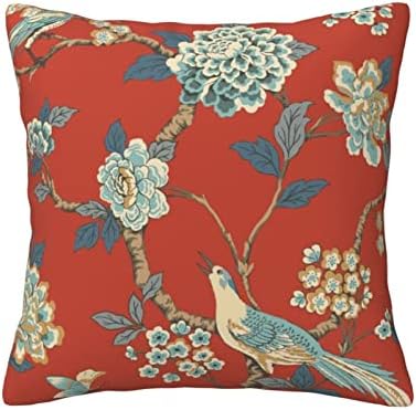 Chinoiserie Pillow Cover Cushion Cover Red Floral Bird Throw Pillow