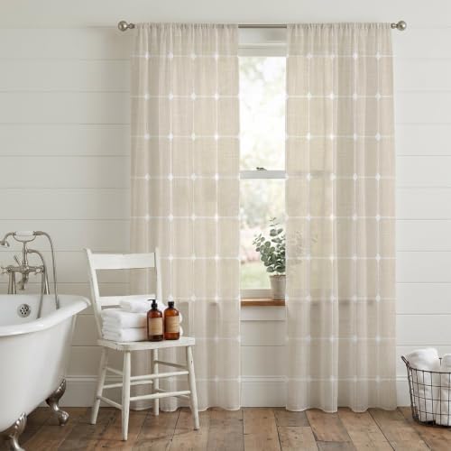 Minimalist Sheer Curtains 108 Inch Long 2 Panels Grid Lines Linen