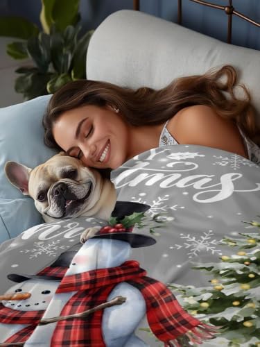 Cal King Size Flat Sheet Only, Winter Snowman Snowflake on Gray Bed