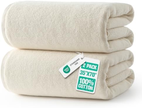 REDKISS 2 Pack 100% Cotton Large Bath Towels 35 x 70 Inches, Ivory