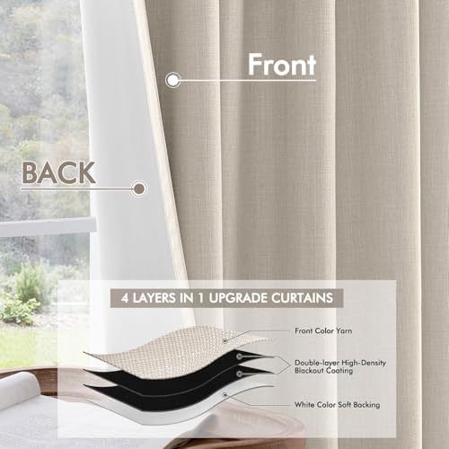 MIULEE 100% Blackout Back Tab Pleat Linen Curtains 50" Wx84 L,Beige