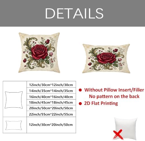 Vintage Red Rose Floral Throw Pillow Covers 18x18 Set of 2