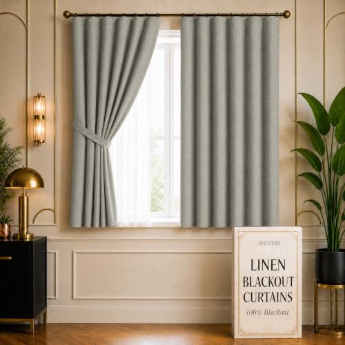 DECOLURE 100% Blackout Linen Curtains 63 Inches Long | Light Grey